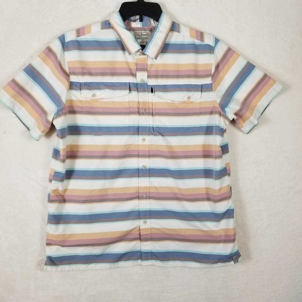 LL Bean Mens Large Short Sleeve Striped Button Down Shirt Multi Color 513149‎